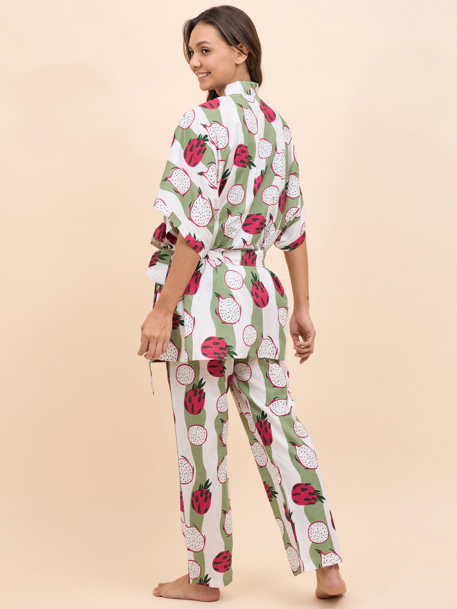 Kurta Pyjama with Kaftan Overlay Set in Green and Pink DragonFruit Print
