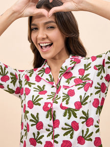 Shirt Pyjama Set in Pink color Fruit Print