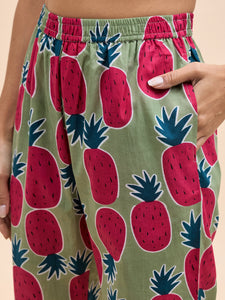 Kurta Pyjama with Kaftan Overlay Set in Green and Pink Pineapple Print