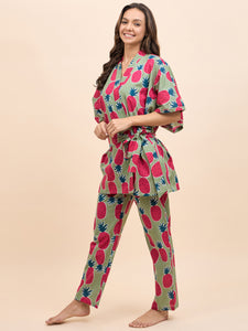 Kurta Pyjama with Kaftan Overlay Set in Green and Pink Pineapple Print