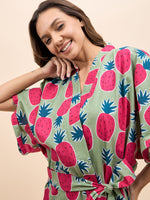 Kurta Pyjama with Kaftan Overlay Set in Green and Pink Pineapple Print