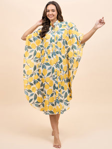 Long Kaftan Dress in Yellow Lemon Print
