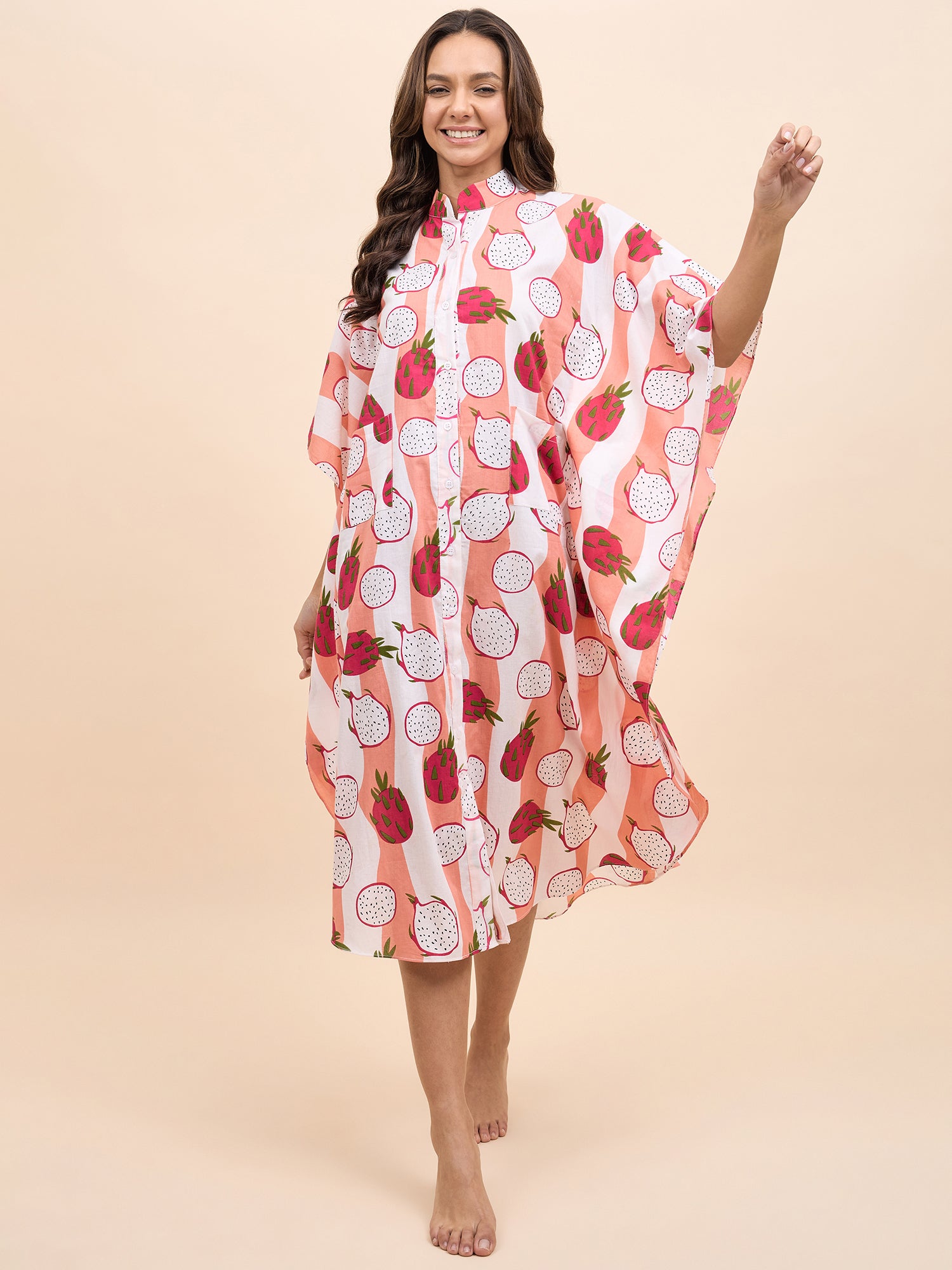 Long Kaftan Dress in Peach and Pink Dragonfruit Print