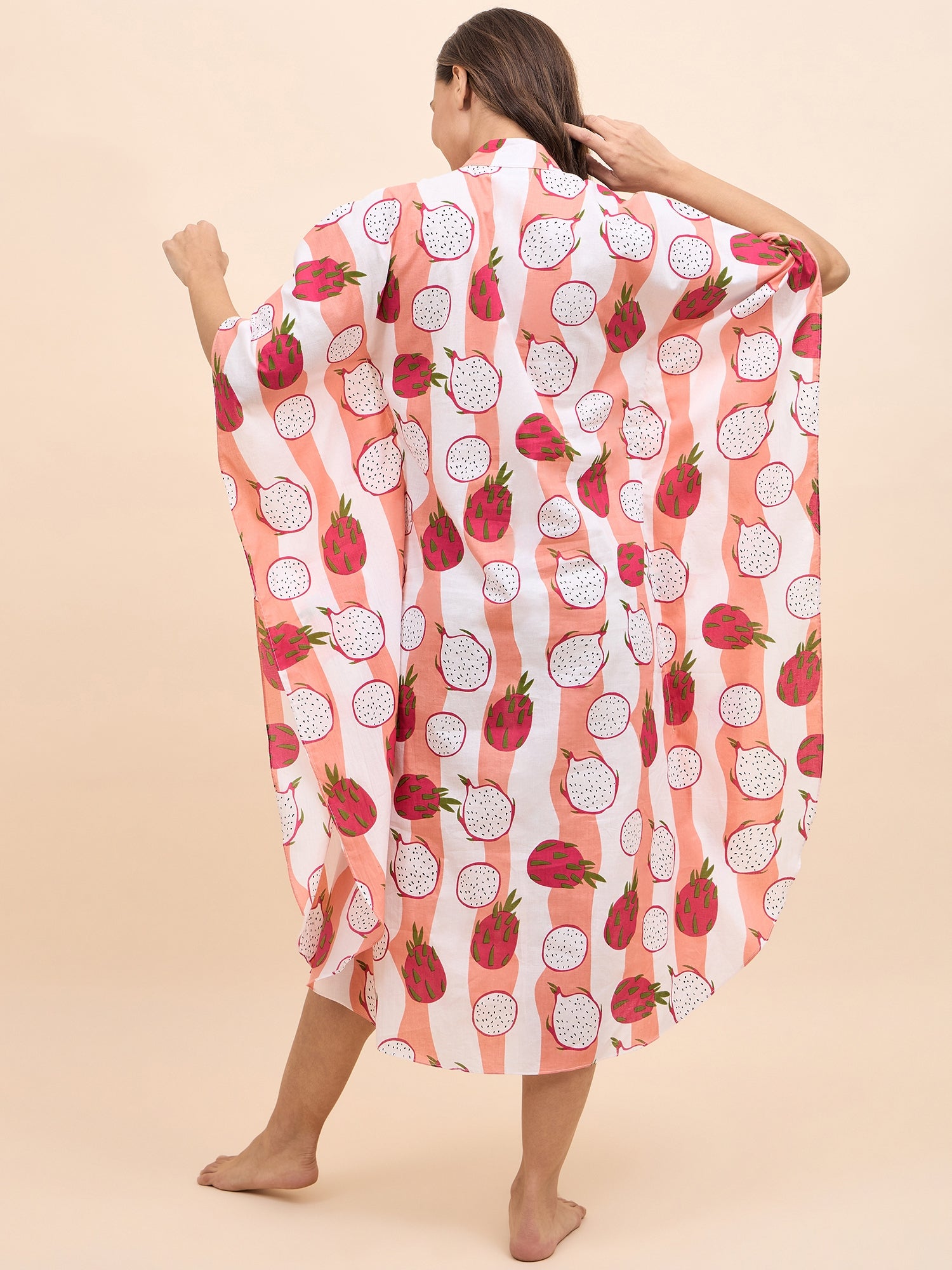 Long Kaftan Dress in Peach and Pink Dragonfruit Print