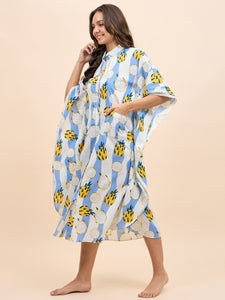 Long Kaftan Dress in Blue and Yellow DragonFruit Print