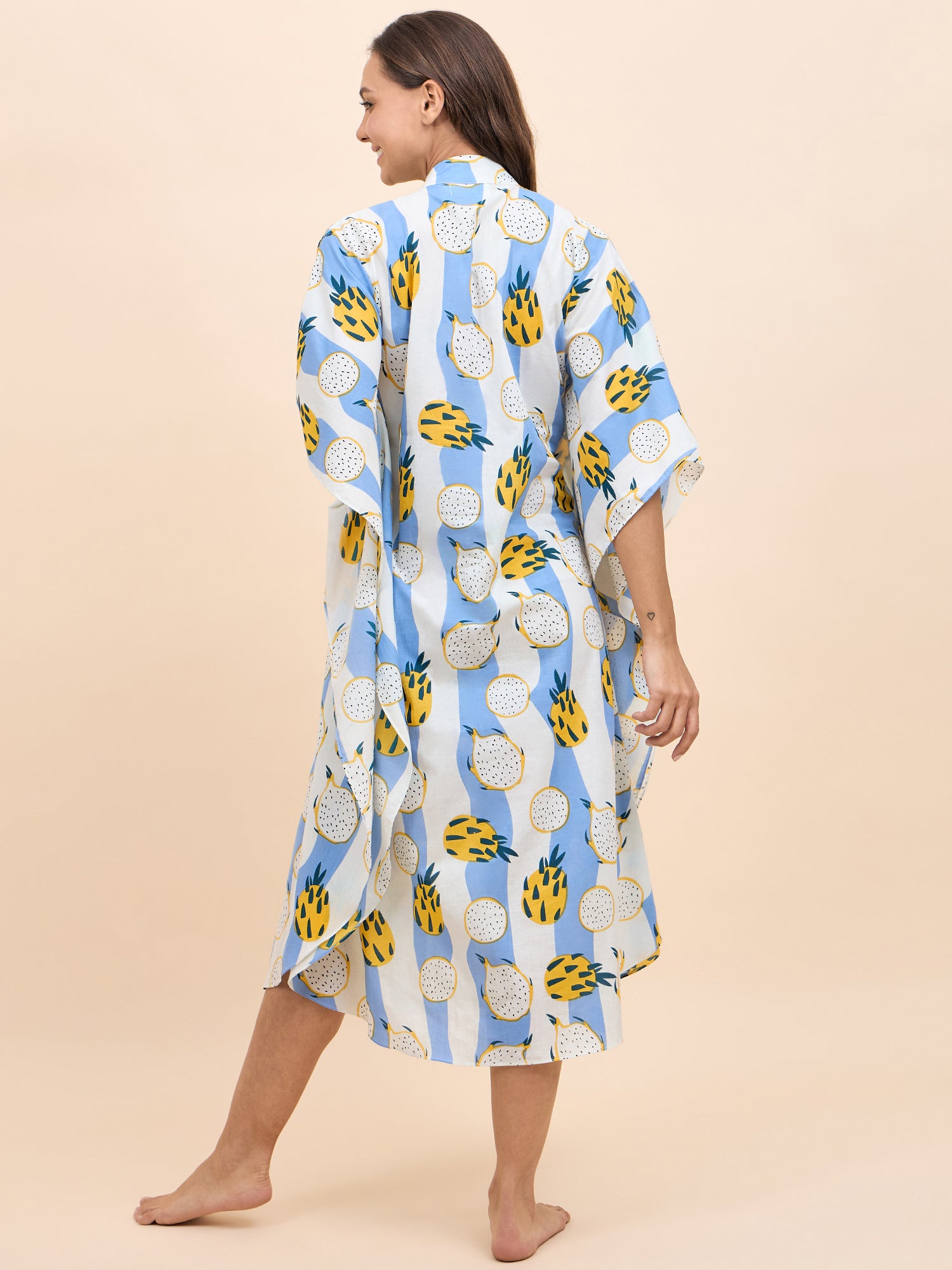 Long Kaftan Dress in Blue and Yellow DragonFruit Print