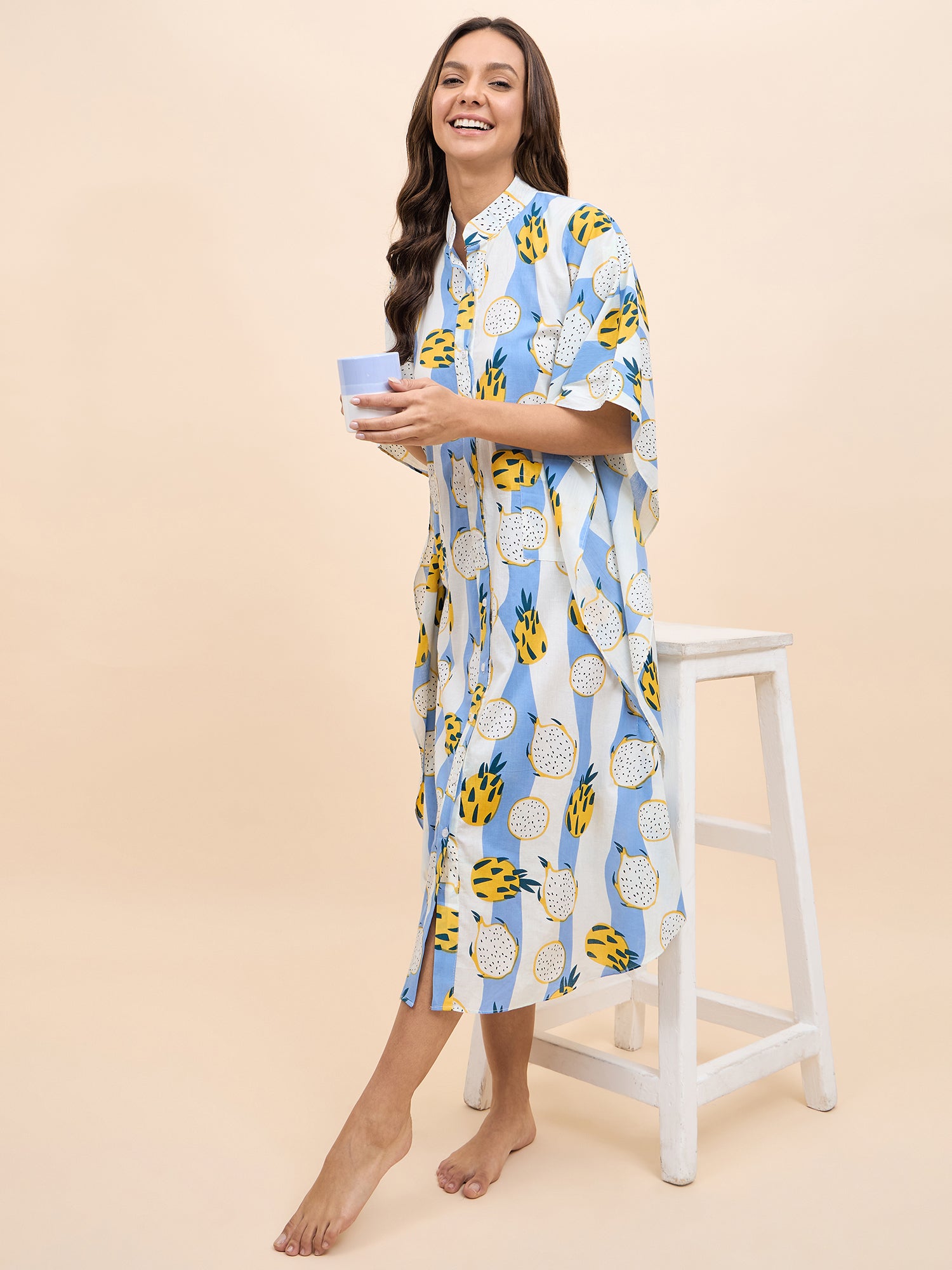 Long Kaftan Dress in Blue and Yellow DragonFruit Print