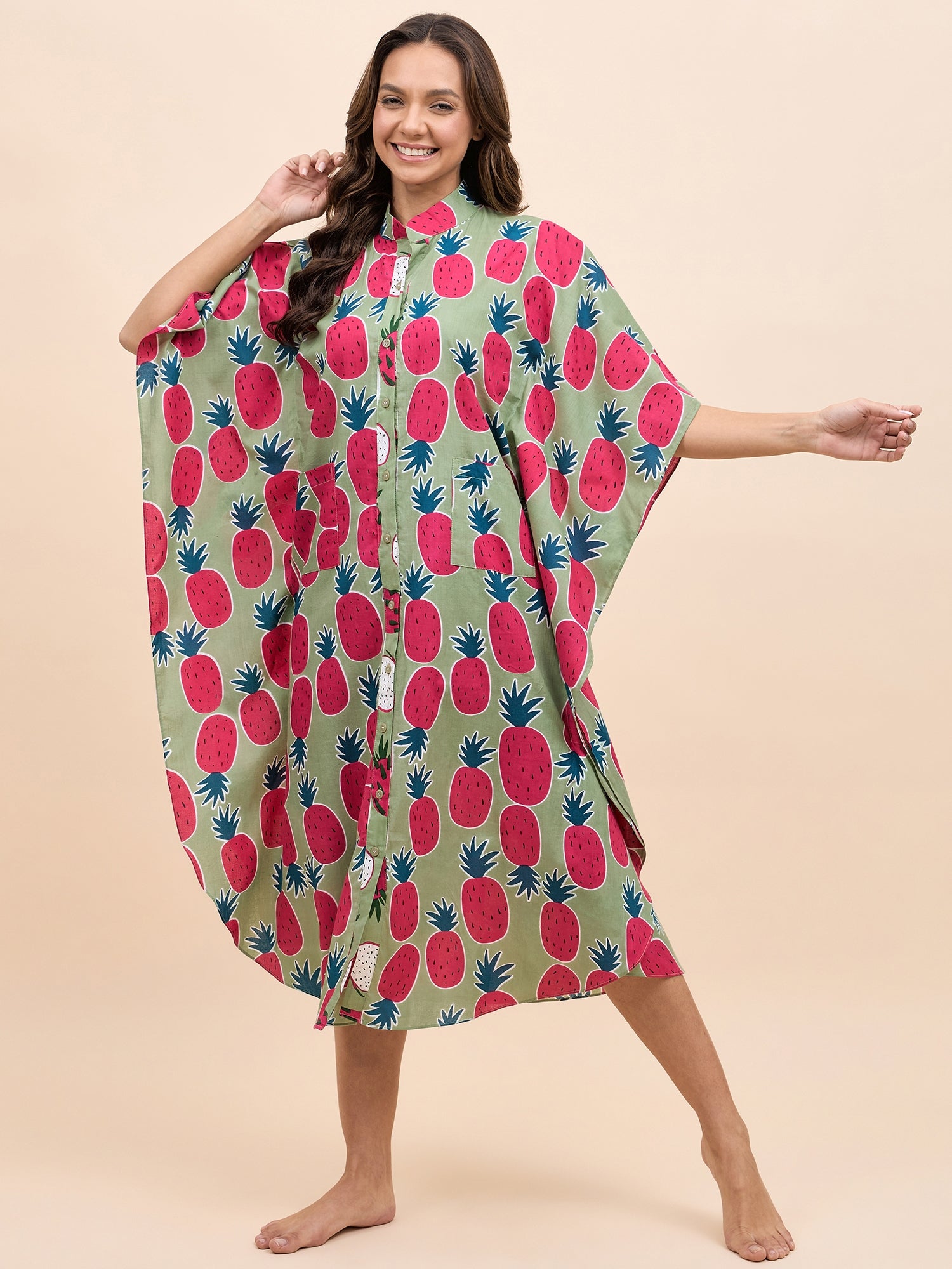 Long Kaftan Dress in Green and Pink Pineapple Print