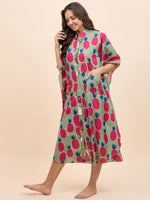 Long Kaftan Dress in Green and Pink Pineapple Print