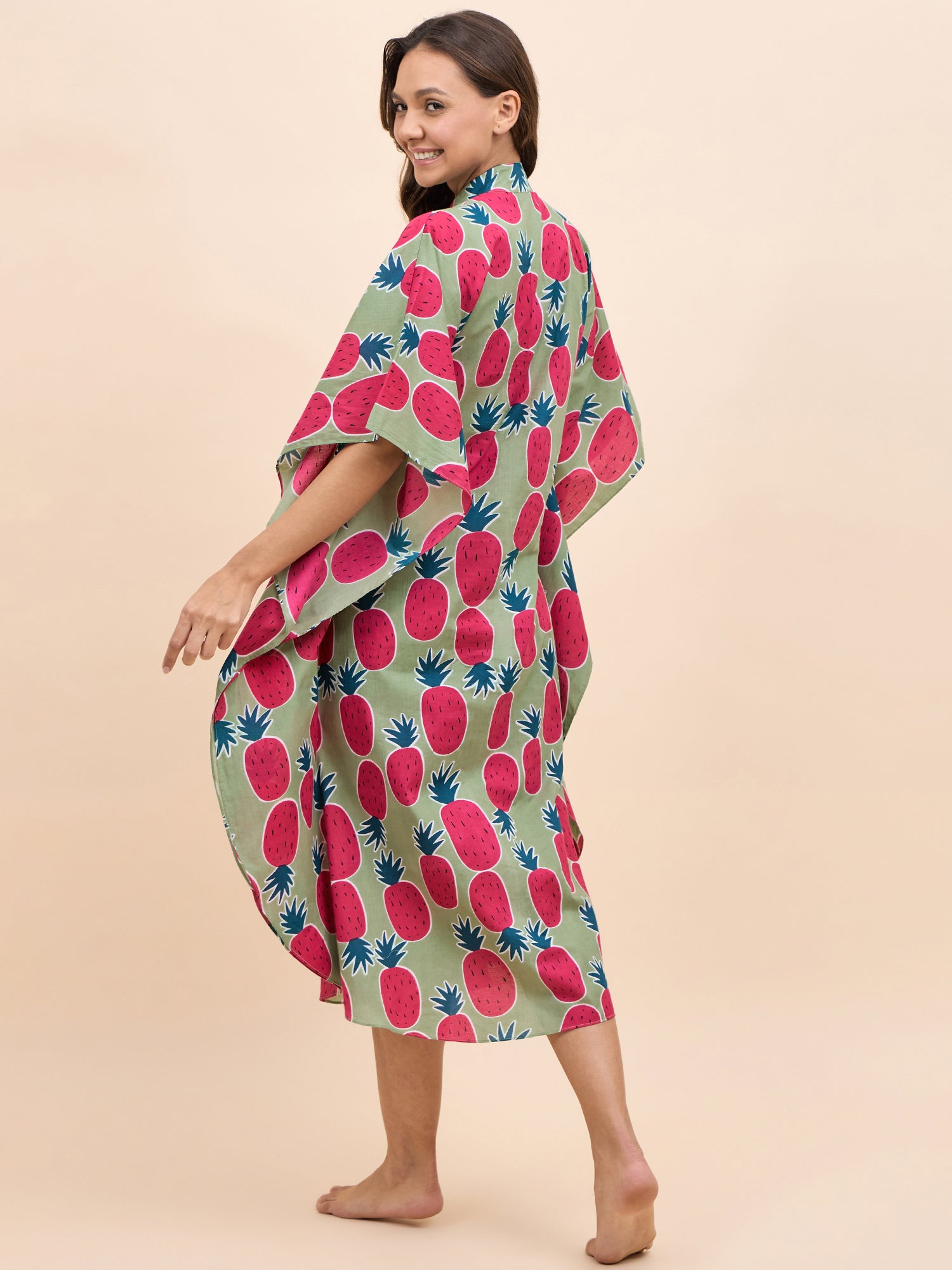 Long Kaftan Dress in Green and Pink Pineapple Print