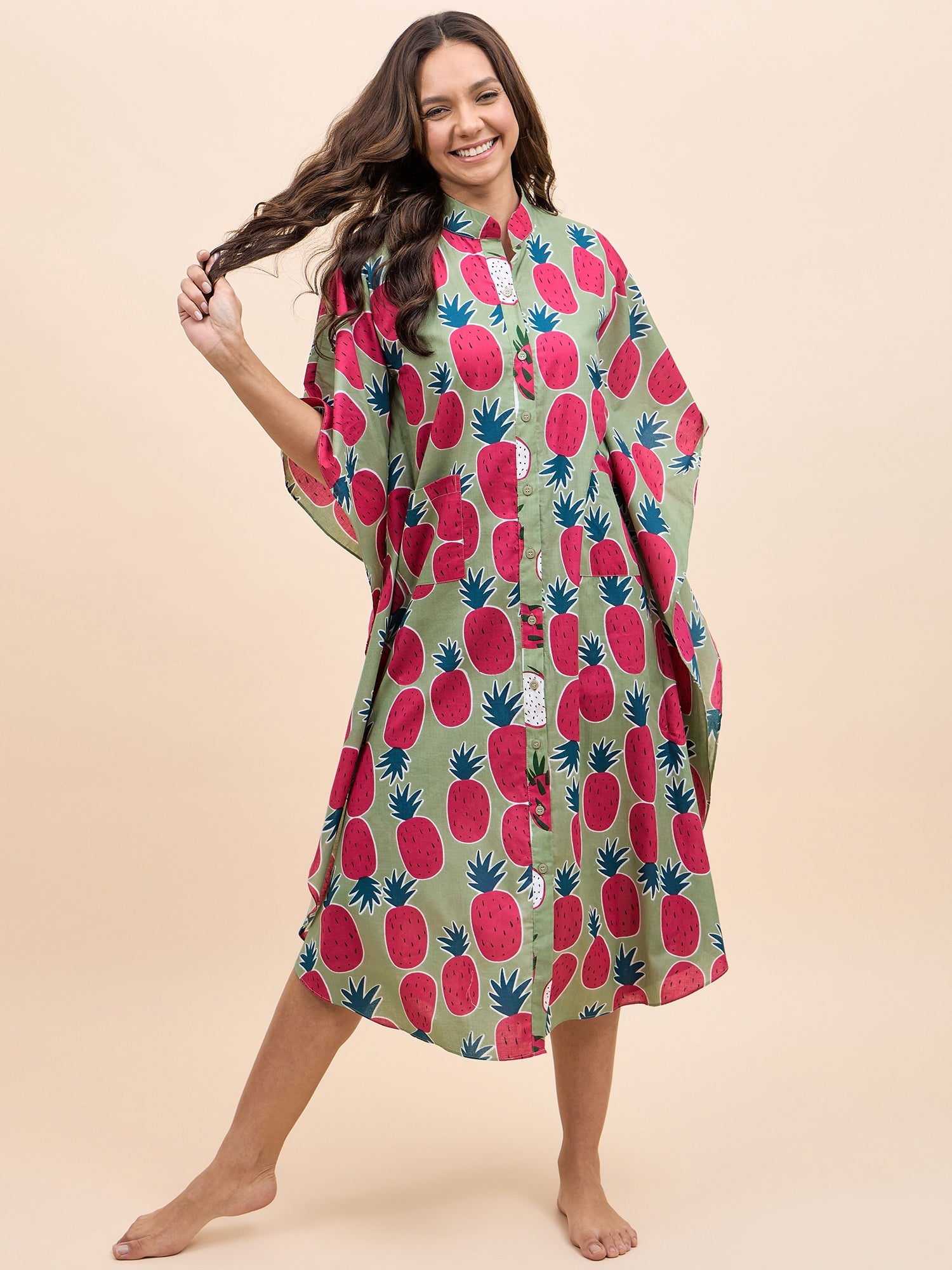 Long Kaftan Dress in Green and Pink Pineapple Print