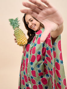 Long Kaftan Dress in Green and Pink Pineapple Print