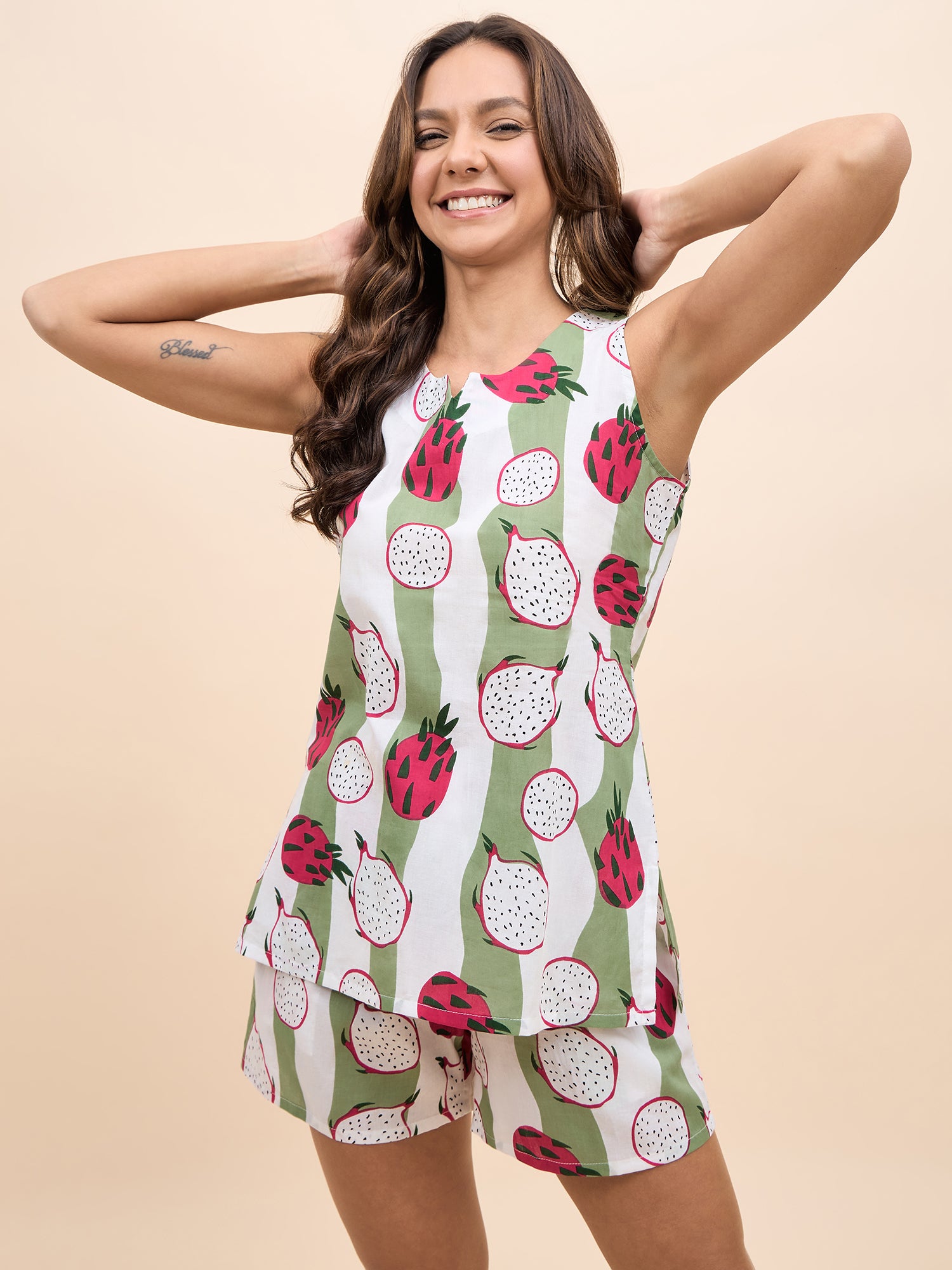 Kurta Shorts Set in Green and Pink DragonFruit Print