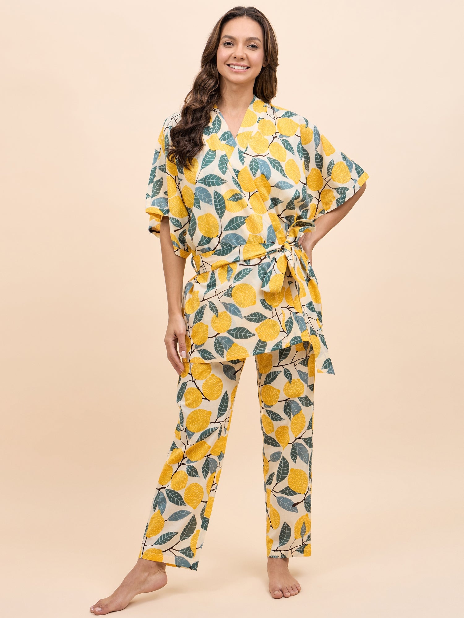 Kurta Pyjama with Kaftan Overlay Set in Yellow Lemon Print