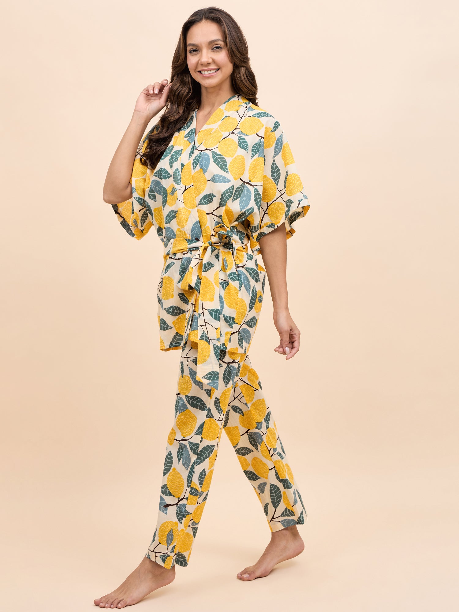 Kurta Pyjama with Kaftan Overlay Set in Yellow Lemon Print