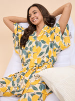 Kurta Pyjama with Kaftan Overlay Set in Yellow Lemon Print