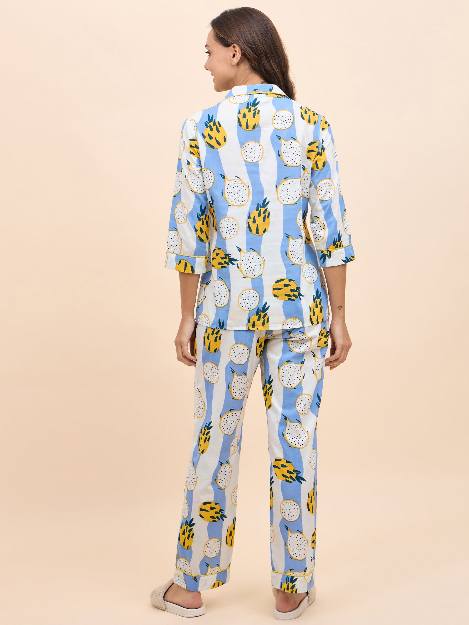 Shirt Pyjama Set in Blue and Yellow DragonFruit Print