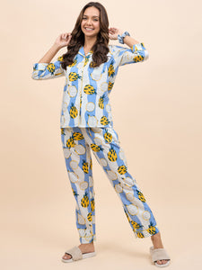 Shirt Pyjama Set in Blue and Yellow DragonFruit Print