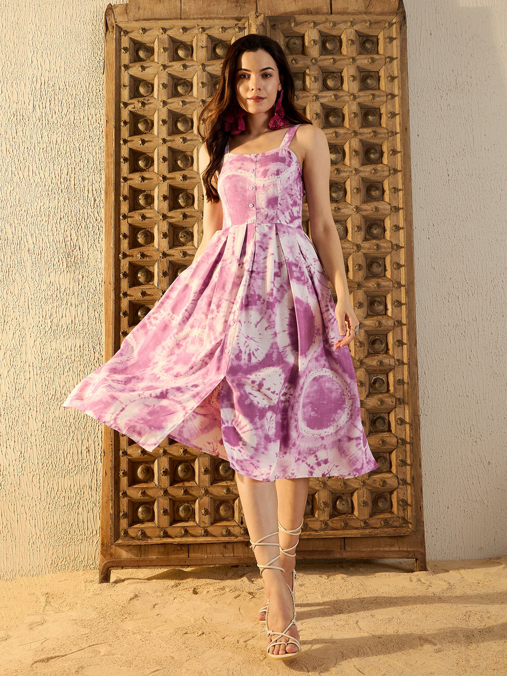 Strappy Box Pleat Midi Dress in Lavender Tie & Dye