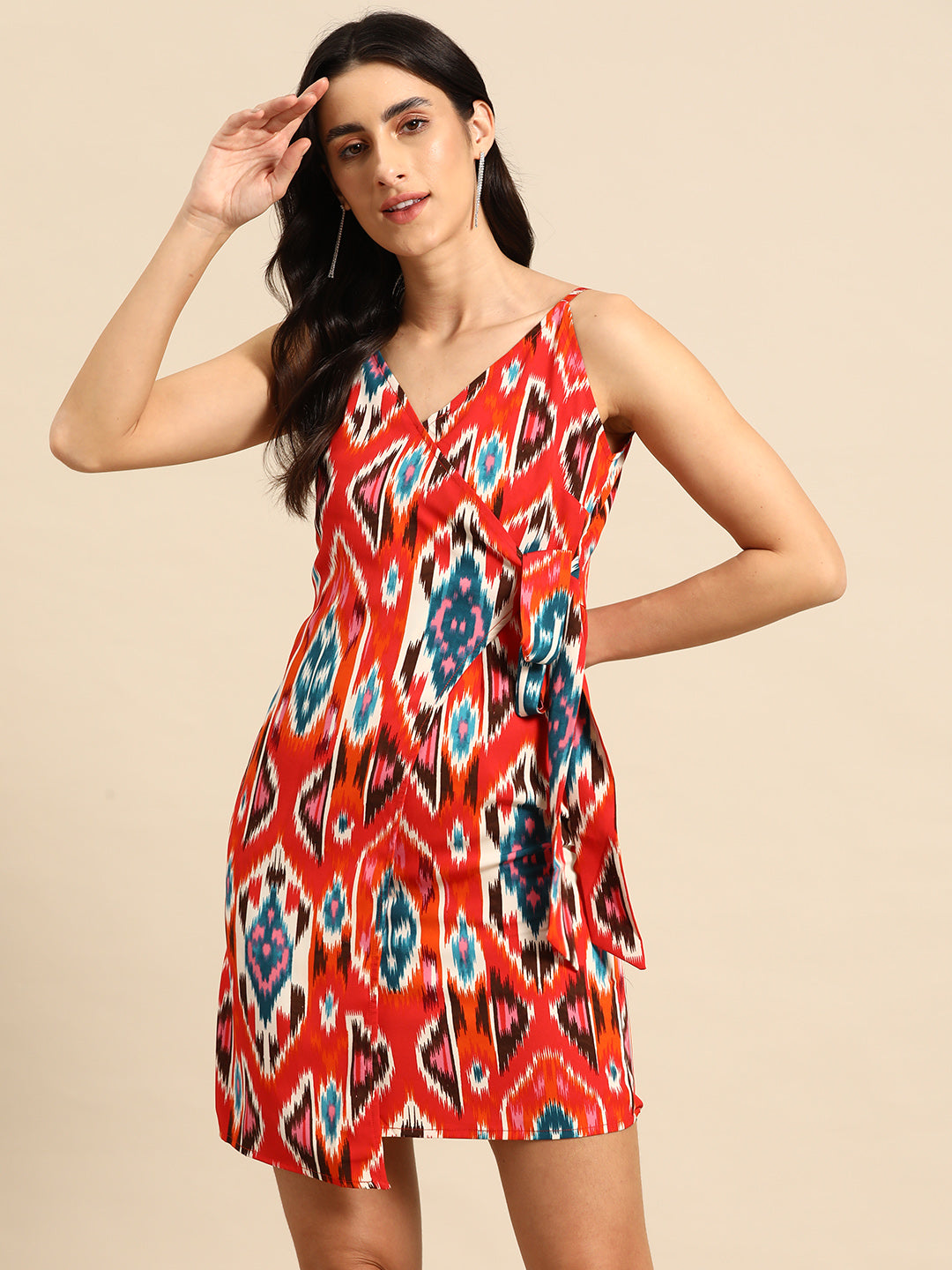 Overlap Mini Dress with side tie up in Red Ikkat Print