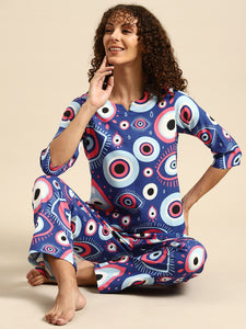 Kurta Pyjama nightwear Set in Blue Evil Eye Print