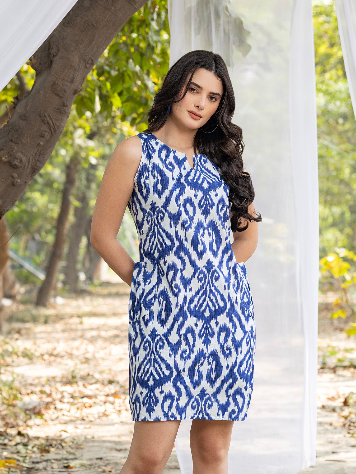 Mini shift dress with big pocket detail with IKKAT  print in BLUE