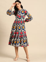 Midi Layered dress with balloon sleeve in Blue and Pink Ikkat Print