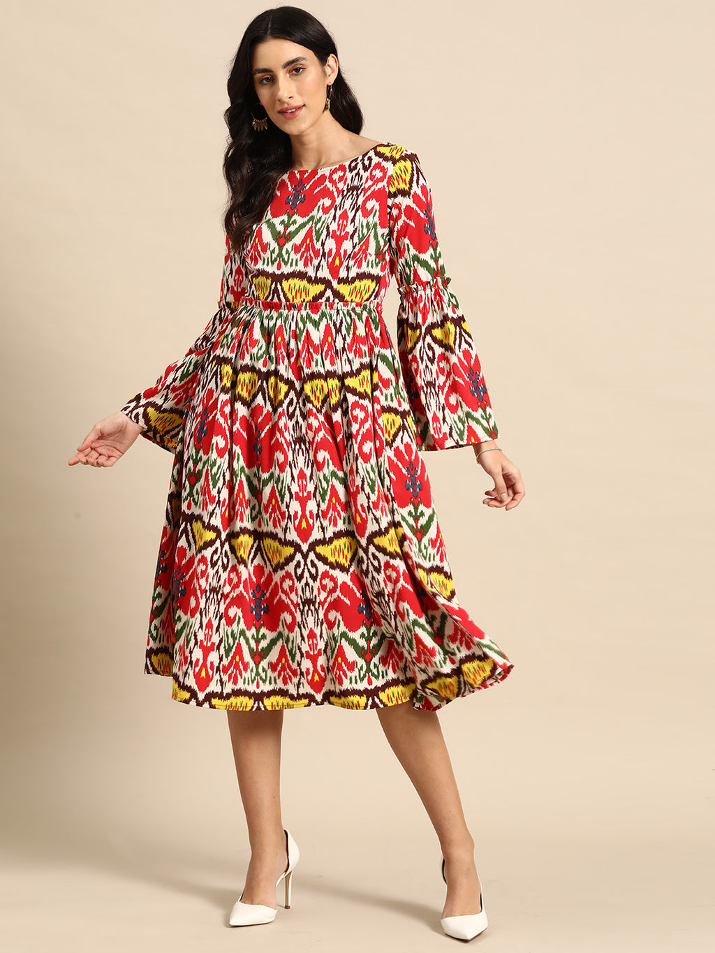 Midi Dress with bell sleeve in Red and Cream Ikkat Print