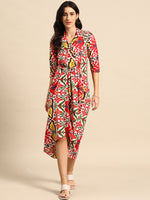 Shirt Dress with front Drape in Red and Cream Ikkat Print