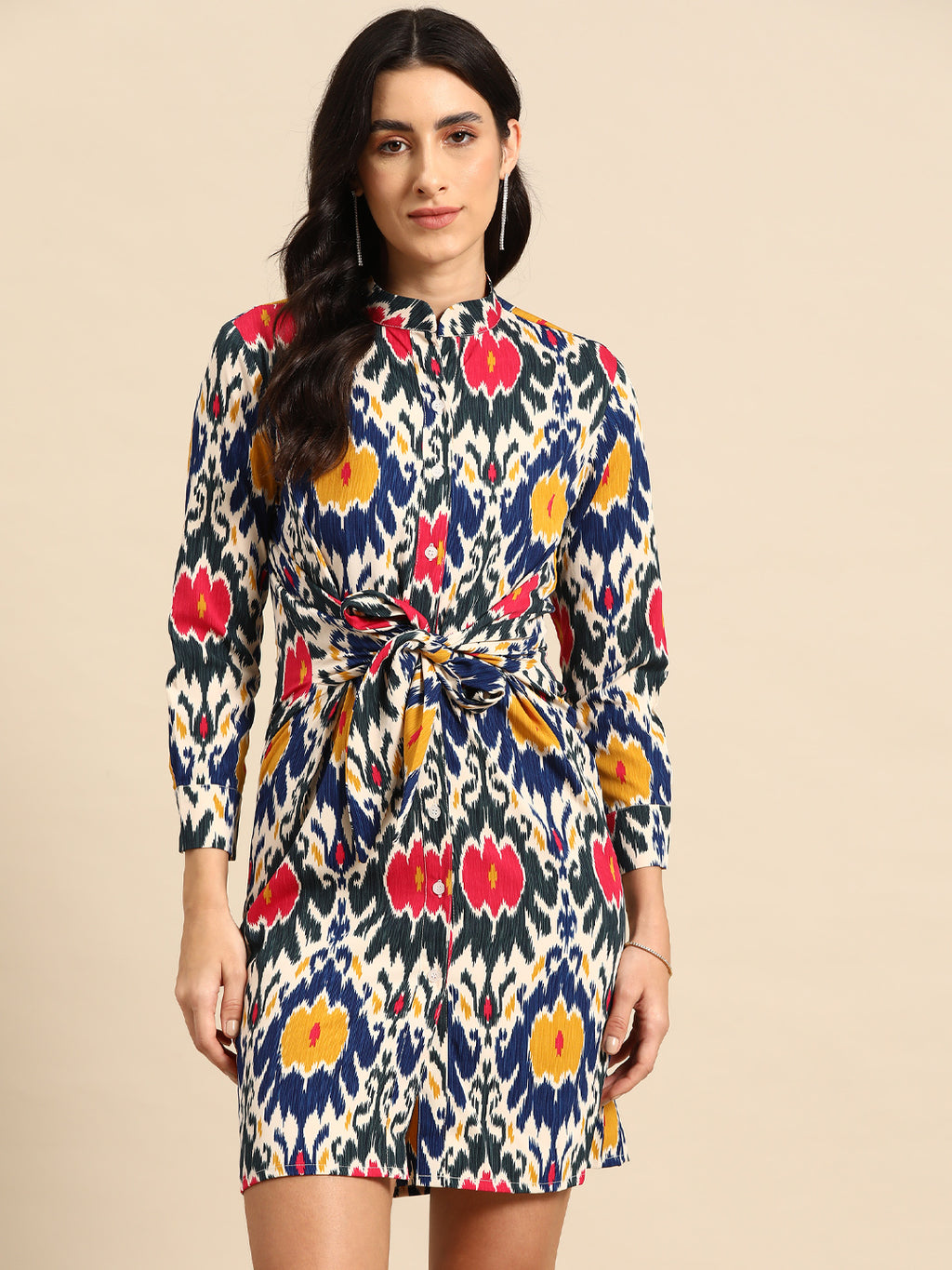 Front tie up shirt dress in Blue and Pink Ikkat Print