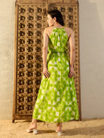 Tie up neck with tassels Maxi Dress in Lime Green Tie & Dye