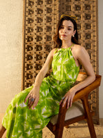 Tie up neck with tassels Maxi Dress in Lime Green Tie & Dye