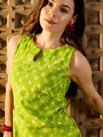 Kurta Neck Mini Dress with Side Pockets in Lime Green Tie & Dye