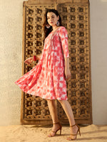 Front Tucks with Back opening Midi Dress in Peach Tie & Dye
