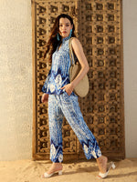 Sleeveless Box Pleat Top with Pants Co-Ord Set in Blue Tie & Dye