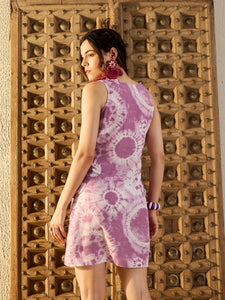 Kurta Neck Mini Dress with Side Pockets in Lavender Tie & Dye
