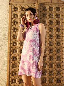 Kurta Neck Mini Dress with Side Pockets in Lavender Tie & Dye