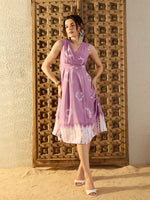 Over lap neck Midi Dress in Lavender Tie & Dye