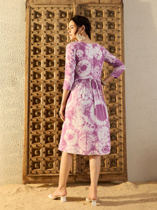 Front Tucks with Back opening Midi Dress in Lavender Tie & Dye