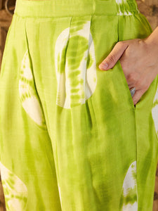 Sleeveless Box Pleat Top with Pants Co-Ord Set in Lime Green Tie & Dye
