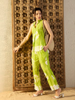Sleeveless Box Pleat Top with Pants Co-Ord Set in Lime Green Tie & Dye
