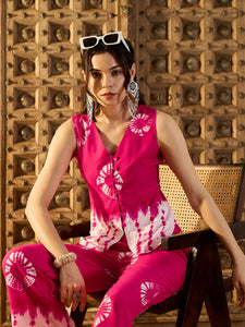 Rounded waist coat with loop buttons and Pants in Pink Tie & Dye