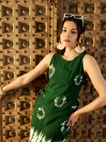Kurta Neck Mini Dress with Side Pockets in Green Tie & Dye