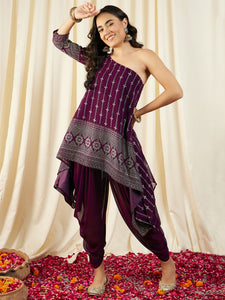 One Shoulder Assymettric Top with Dhoti Pants in Purple Color