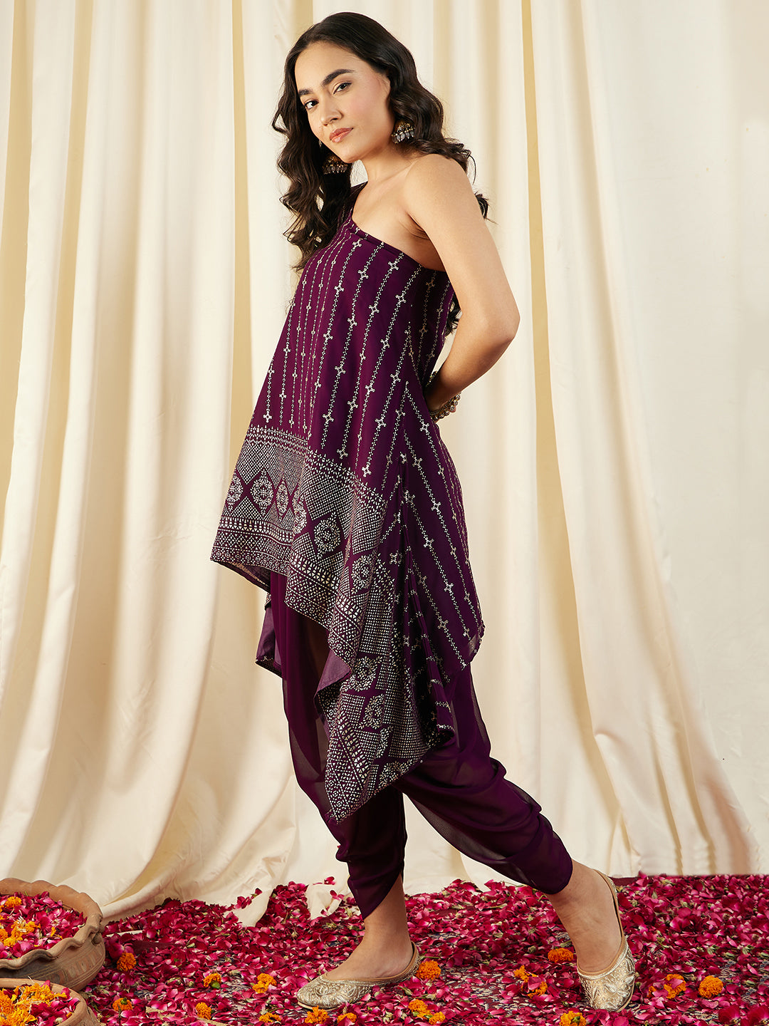 One Shoulder Assymettric Top with Dhoti Pants in Purple Color