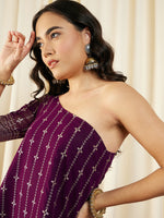 One Shoulder Assymettric Top with Dhoti Pants in Purple Color