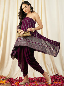 One Shoulder Assymettric Top with Dhoti Pants in Purple Color