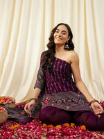 One Shoulder Assymettric Top with Dhoti Pants in Purple Color