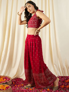 Crop Top with Back Tie and Palazzo in Maroon Color