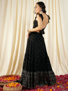 Crop top With Back tie and Flared Skirt in Black Color